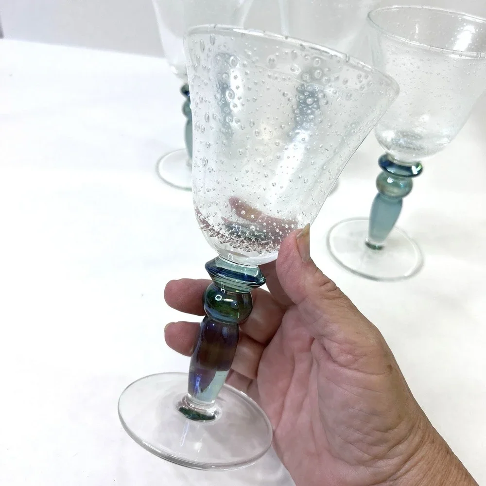 Pottery Barn Bubble Wine Glasses Aqua Green Stem Goblets Set of 4